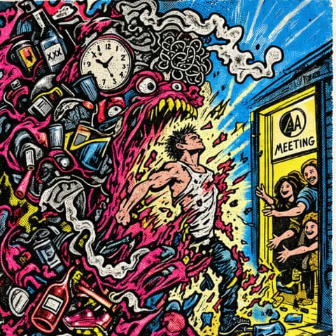 Someone breaking out of chaos into an open meeting door