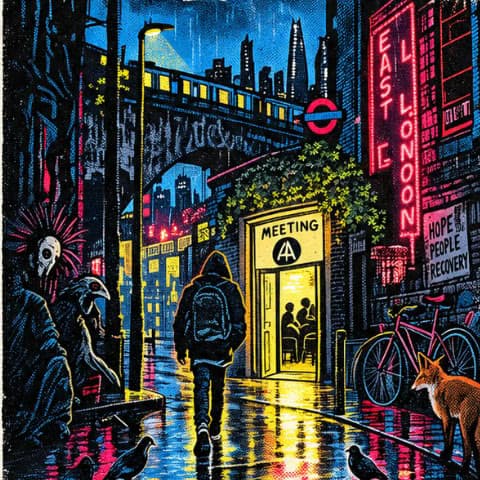 A wet East London street with an open meeting door and a chair inside