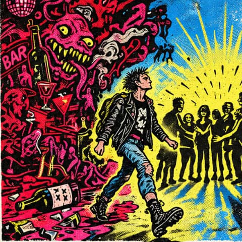 Someone walking out of a chaotic bar toward a bright meeting